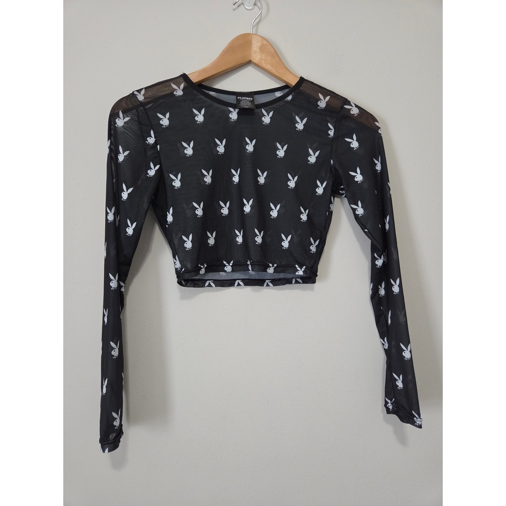 Playboy‎ Sheer Mesh Long Sleeve Crop Top Black White Bunny Logo Print S/M
